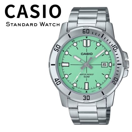 箱なし カシオ 腕時計 メンズ グリーン ミントグリーン シルバー アナログ 50m防水 日付 カレンダー メタルベルト 大きめ スポーティー おしゃれ 仕事 海外モデル プレゼント ギフト CASIO 成人 卒業 入学