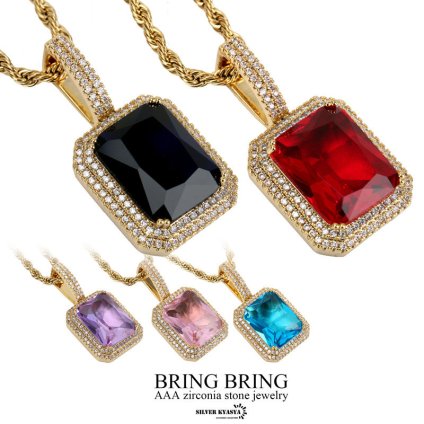 ブリンブリン 大粒 ネックレス CZ パヴェ 爪留め AAA ジュエリー 宝石 18金 ゴールド レッド ブルー パープル ピンク ロープチェーン 18K bring キラキラ HIP HOP 父の日 ペンダント