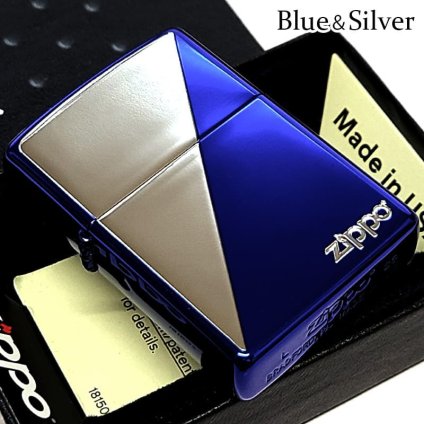 ZIPPO ライター ブルー＆シルバー ジッポ ロゴ エッチング彫刻 銀差し ギフト 青 銀 メンズ おしゃれ プレゼント かっこいい