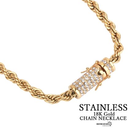 ステンレス ロープチェーンネックレス 18k Gold キュービックジルコニア 二重ロック パヴェ ヒップホップ ストリート ダンス ラップ B系 メンズ 父の日 男性