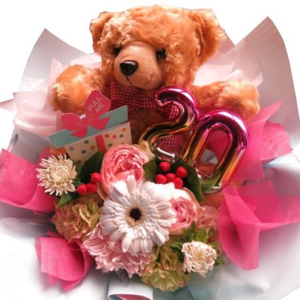 20歳 誕生日プレゼント くまちゃん フラワーアレンジメント おまかせで安心 デザイナーにおまかせ 生花使用 サイズM ◆ご希望数字でお作り致します