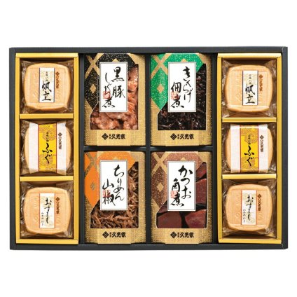 実りの秋の贈り物 お吸物･佃煮詰合せ 久光家 お吸物（帆立･ふぐ･おすまし）×各2、かつお角煮（70g）･黒豚しぐれ煮･きくらげ佃煮（各60g）･ちりめん山椒（50g）×各1