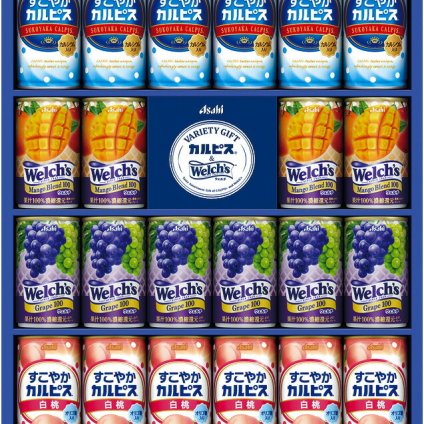 夏の贈り物お中元 すこやかカルピス＆ウェルチギフト アサヒ飲料 すこやかカルピス・すこやかカルピス白桃（各190g）・ウェルチグレープ100（160g）×各6、ウェルチマンゴーブレンド100（160g）×4