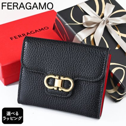 【スペシャルラッピング付き】フェラガモ Salvatore Ferragamo サルヴァトーレフェラガモ 二つ折り財布 小銭入れ付き ウォレット ダブルガンチーニ レディース ブラック 785777 220961 002