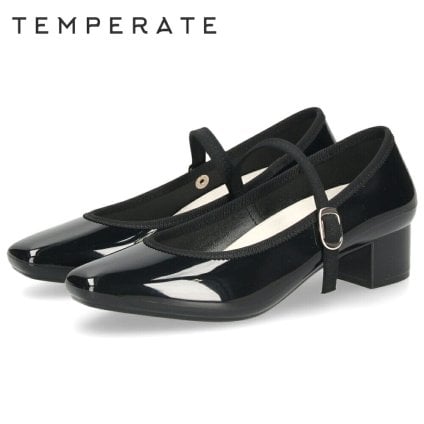 TEMPERATE テンパレイト CANNON キャノン レインシューズ レディース 完全防水 ストラップ付きヒールパンプス スクエアトゥ 3.5cmヒール 歩きやすい 滑りにくい 光沢感