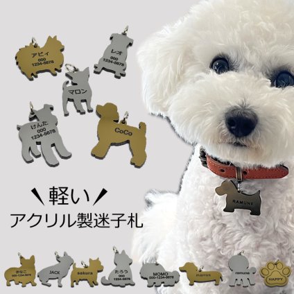迷子札 アクリル 軽量 犬型 肉球 金 銀 シルバー ゴールド ネームタグ ペット ネームプレート 名札 ドッグタグ 名入れ 名前入れ 電話番号 いぬ イヌ 超軽量 ネーム入り トイプードル チワワ ダックス シュナウザー 柴犬 その他犬用品 その他猫用品