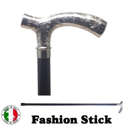 ☆イタリア製 ウォーキング ステッキ ファッション 杖 Ｔ型 シルバー 黒 ☆おしゃれ ダンディなお父様へ 高級 銀 ブラック 手作り ott-4306sl