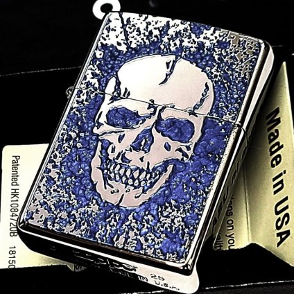 ZIPPO スカル 細密メタル シルバー＆ブルー ジッポ ライター 両面加工 彫刻 かっこいい ドクロ 裏面柄違い ガイコツ おしゃれ 青 メンズ プレゼント ギフト