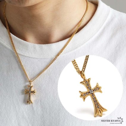 ステンレス クロスネックレス ゴールド 18KGP キラキラ 十字架 ペンダント ダブル喜平ネックレス ストーン 50cm 60cm メンズ 男性 金属アレルギー対応