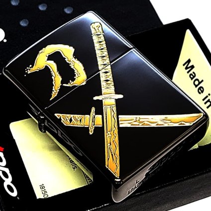 ZIPPO 和柄 刀 ブラック＆ゴールド ジッポ ライター かっこいい 彫刻 日本 金差し 和風 漢字 おしゃれ 黒金 メンズ ギフト プレゼント