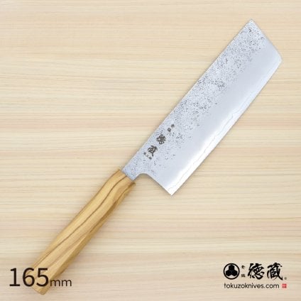 菜切ステンレス包丁　165mm 両刃 銀紙三号 オリーブ八角柄 梨地仕上げ 日本製 徳蔵刃物 【TOKUZO KNIVES】 JAPAN Kitchen Knives 包丁 ほうちょう ホウチョウ 切れ味 家庭用 野菜 両刃 お手入れ簡単 錆に強い プレゼント ギフト 贈り物 一生モノ ステンレス INOX・イノックス