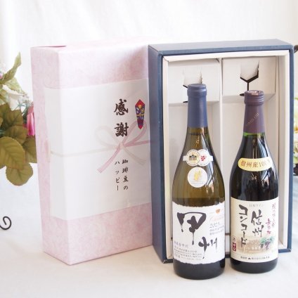 感謝の贈り物ボックス 山梨県甲州種ぶどう100%使用白ワインと国産ワインセット(酸化防止剤無添加 信州コンコード赤ワイン 中口(長野県)720mlシャンモリ柑橘香御坂甲州白ワイン(山梨県)750ml