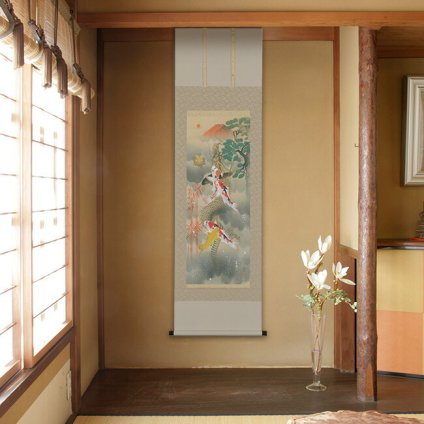 掛軸 吉祥富士昇龍之図 190×54.5cm[装飾 絵 レトロ 和室 客間 床の間 日本文化 季節 鯉 こい 魚 昇る 文字 赤富士 情景 アート インテリア 尺五立 和風 雑貨 作品 縁起物 美術品 モダン おしゃれ 通年 年中 飾る 掛ける 飾り]