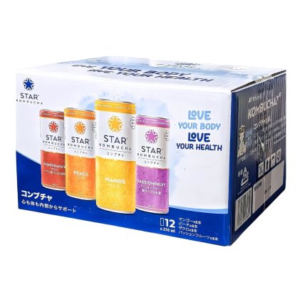 Star (スター) コンブチャ 250ml ×12本 4種 ( マンゴー, ピーチ, ザクロ, パッションフルーツ 各3缶 ) #68224 べトナム製 飲みやすい 健康ドリンク 飲料 美容 発酵ドリンク ギフト ※炭酸飲料ではありません