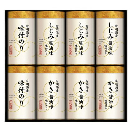 実りの秋の贈り物 三味逸選 こだわり味付海苔詰合せ セット内容/有明海産しじみ醤油味付海苔･有明海産かき醤油味付海苔（各8切16枚）×各3、有明海産味付海苔（8切16枚）×2
