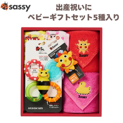 出産祝い Sassy サッシー ベビーギフトセット ピンク&レッド ミニタオル2枚 タオルハンカチ スタイ よだれかけ ビブ リストラトル ガラガラ おひさま 歯固め カミカミみつばち ファーストトイ 知育玩具 おもちゃ 0歳 新生児 赤ちゃん 女の子 ベビーシャワー 出産内祝い ギフト おしゃれ