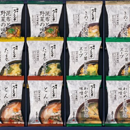 夏の贈り物お中元 道場六三郎 フリーズドライギフト ろくさん亭 昆布と野菜の味噌汁･きのこのお吸物ひき雲仕立･たまごスープ･三ツ葉と卵のスープ･とん汁･わかめと油あげの味噌汁×各2