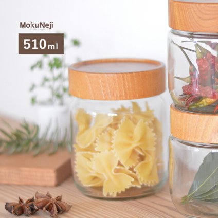 ◎mokuneji スタッキングポット トール 510ml[ガラス 保存容器 木蓋 ガラスキャニスター 調味料 キャニスター おしゃれ 北欧 風 円形 日本製 保存ビン お菓子 ボトル 瓶 丸型 透明 木製 蓋 ふた]