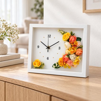 ◆花時計 ラージサイズ【BOX FLOWER フルール・クレセント】（ビタミンカラー） 置時計 （掛時計オプション有り） ハンドメイド 文字入れ可能