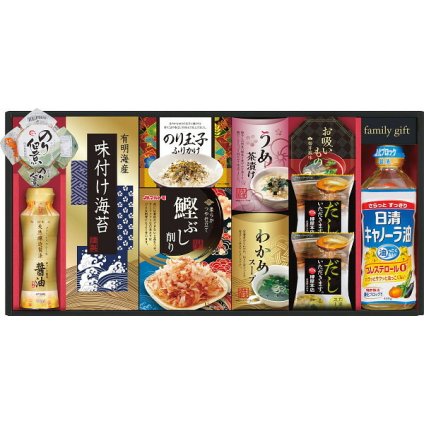日清オイリオ [26-7599-058] NSO-50A 食卓詰合せ 調味料 ギフト キャノーラ油 島の香 のり佃煮 味付海苔 たまごスープ わかめスープ 醸造しょうゆ お茶づけ 内祝い 出産内祝い 結婚内祝い お返し プレゼント