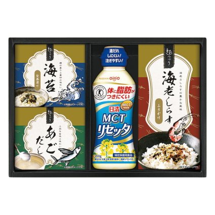 実りの秋の贈り物 日清MCTリセッタ&和風詰合せ 日清MCTリセッタ200g･海老しらすふりかけ（3g×3）･海苔茶漬け（5.5g×2）･あごだし（6g×2）×各1