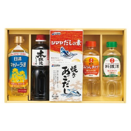 実りの秋の贈り物 和風調味料セット セット内容/日清キャノーラ油（350g）･サンビシ本醸造しょうゆ（500ml）･日の出料理酒･日の出割烹みりんタイプ（各400ml）･シマヤだしの素粉末（10g×6袋）･シマヤ焼きあごだし（8g×6袋）×各1