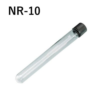 「ねじ口試験管　NR-10　1本」　容量　12mL　材質　硼珪酸ガラス、キャップ　メラミン　オートクレーブ可　パッキン　シリコン　PTFE　四フッ化工チレンコート　胴径×全長×口内径　φ16.5×105×φ10.0　形状　丸底