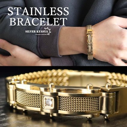 ステンレス メンズブレスレット ごつめブレスレット チェーンブレスレット ゴールドブレスレット 高密度 重厚感 機械的 一粒 マグネット ワンタッチ 男性 金属アレルギー対応