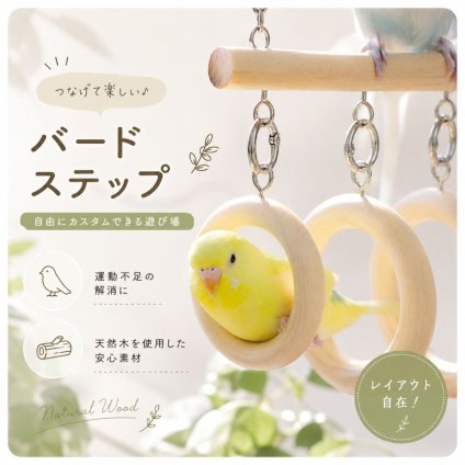 インコ おもちゃ バードステップ 木製 リング 4連 吊り下げ 止まり木 ブランコ 小鳥 遊び場 天然木 ケージ用品 鳥用品 セキセイインコ オウム