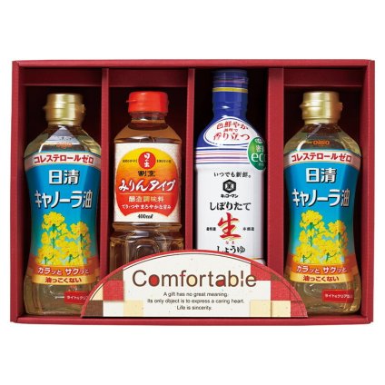 実りの秋の贈り物 カンフォータブル セット内容/日清キャノーラ油（350g）×2、キッコーマンしぼりたて生しょうゆ（450ml）･日の出割烹みりんタイプ（400ml）×各1