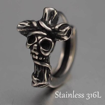 シルバーピアス スカル×クロス フープ（中折れ）ピアス 金属アレルギー対応ステンレス1P 片耳用 片方 シングル 骸骨 ドクロ 髑髏 輪 リング 輪っか 黒 ブラック アラベスク 男性用 アクセサリー かっこいい【全品1個ずつバラ売り】 プレゼント