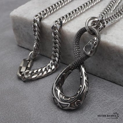 ステンレス スネークネックレス シルバー ダブル喜平チェーンネックレス 幅6mm 長さ50cm 60cm 蛇 中折式 メンズ 男性 お洒落 人気 トレンド 流行り 金属アレルギー対応 ペンダント