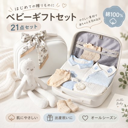 ベビーギフトセット 21点セット 出産祝い 新生児 オールシーズン 綿100％ 肌着 ベビー服 赤ちゃん スタイ おくるみ 帽子 ミトン ベビー用品 赤ちゃん 出産準備 男の子 女の子 プレゼント ギフトボックス 靴下ソックス ギフト