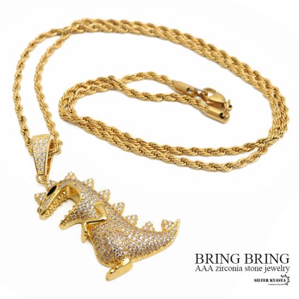 恐竜ネックレス ブリンブリン ダイナソー パヴェ CZ AAA 14k GP gold ペンダント トップ キュービックジルコニア ロープチェーン HIPHOP系 B系 ストリート ラップ ダンス ゴールド 金 メンズ 男性