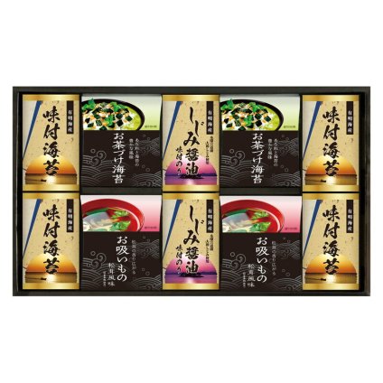 実りの秋の贈り物 永谷園お茶漬け･有明海産味付海苔 有明海産味付海苔（10切20枚）×4、永谷園お茶づけ海苔（4.7g×5袋）･永谷園お吸いもの松茸風味（2.3g×6袋）･しじみ醤油味付海苔（10切20枚）×各2