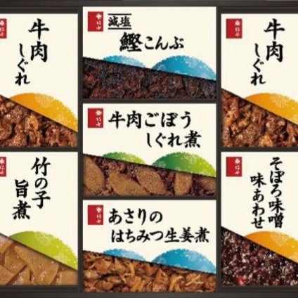 夏の贈り物お中元 料亭しぐれ煮詰合せ 柿安本店 牛肉しぐれ（50g）×2、そぼろ味噌味あわせ（90g）・牛肉ごぼうしぐれ煮・減塩鰹こんぶ・竹の子旨煮（各50g）・あさりのはちみつ生姜煮（40g）×各1