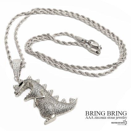 恐竜ネックレス ブリンブリン ダイナソー パヴェ CZ AAA 14k wg GP silver ペンダント トップ キュービックジルコニア ロープチェーン HIPHOP系 B系 ストリート ラップ ダンス シルバー 銀 メンズ 男性