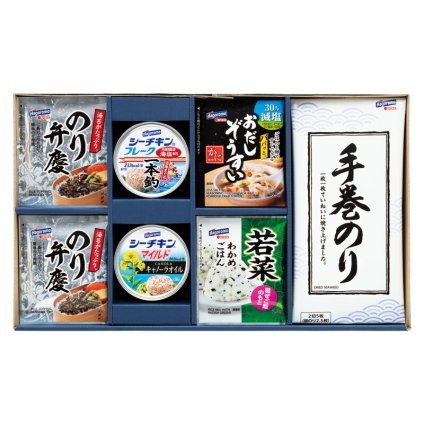 実りの秋の贈り物 和風バラエティギフト はごろもフーズ セット内容/のり弁慶ふりかけ（3g×3個）×2、シーチキンフレーク一本釣･シーチキンマイルドキャノーラオイル（各70g）･減塩おだしぞうすいかに（6.5g×3個）･わかめ混ぜご飯若菜（2.8g×3個）･手巻のり（2切