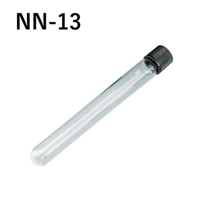 「ねじ口試験管　NN-13　1本」　容量　7mL　材質　硼珪酸ガラス、キャップ　メラミン　オートクレーブ可　パッキン　シリコン　PTFE　四フッ化工チレンコート　胴径×全長×口内径　φ13×100×φ7.8　形状　丸底