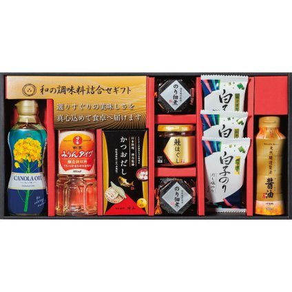 和の調味料詰合せ のり佃煮 [26-7596-059] 鮭ほぐし かつおだし 醤油 キャノーラ油 味のり みりん 神谷監修 ギフト