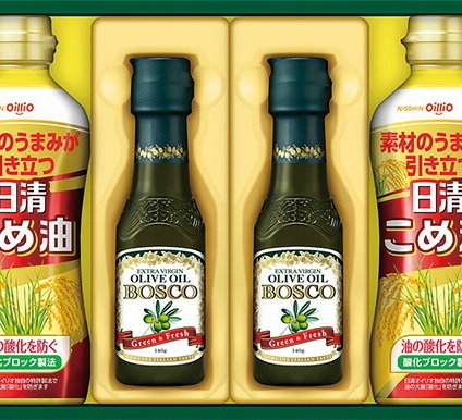 夏の贈り物お中元 ボスコ&ヘルシーオイルギフト 日清オイリオ 健康オイルアマニプラス･こめ油（各350g）･ボスコエキストラバージンオリーブオイル（140g）×各2