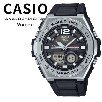 箱なし カシオ 腕時計 メンズ ブラック シルバー アナデジ CASIO 海外モデル 10年電池 100m防水 ワールドタイム ストップウォッチ タイマー アラーム スポーツ プレゼント ギフト 成人 卒業 入学