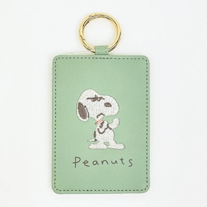 スヌーピー シングルパスケース 刺繍  グリーン SNOOPY