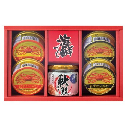 実りの秋の贈り物 海鮮づくし セット内容/紅ずわいがに（ほぐし身）･紅ずわいがに（脚肉入り）（各55g）×各2、秋鮭ほぐし（50g）×1