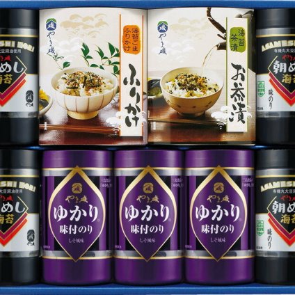 夏の贈り物お中元 バラエティ詰合せ やま磯 味付のり（8切26枚）×4、しそ風味のり（8切26枚）×3、のり茶漬（5.5g×4袋）･のりふりかけ（5g×4袋）×各1