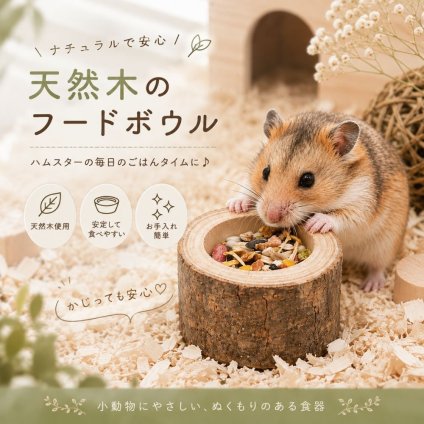 ハムスター フードボウル 天然木 餌入れ 木製 食器 小動物用 かじり木 まる型 エサ入れ ごはん皿 ハムスター用品 ケージ レイアウト ナチュラル