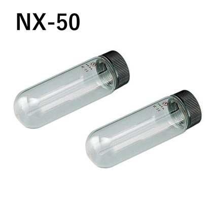 「ねじ口試験管　NX-50　1本」　容量　50mL　材質　硼珪酸ガラス、キャップ　メラミン　オートクレーブ可　パッキン　シリコン　PTFE　四フッ化工チレンコート　胴径×全長×口内径　φ35×105×φ20.3　形状　丸底