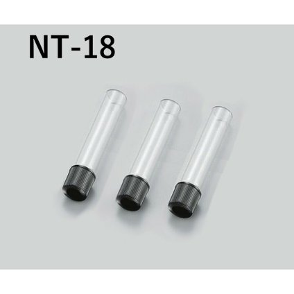 「ねじ口試験管　NT-18　1箱」　容量　9mL　材質　硼珪酸ガラス、キャップ　メラミン　オートクレーブ可　パッキン　シリコン　PTFE　四フッ化工チレンコート　胴径×全長×口内径　φ18×75×φ10.0　形状　平底