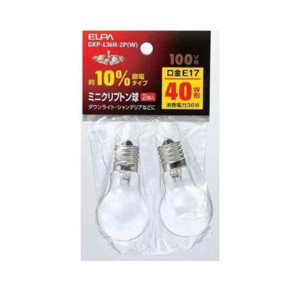 ELPA ミニクリプトン球 GKP-L36H-2P(W) E17口金 36W 40W形相当 約10%節電 長寿命 省エネ コンパクト 2個入 ホワイト 日本製 スポットライト ダウンライト シーリングライト インテリア照明 店舗 住宅 明るい 交換用