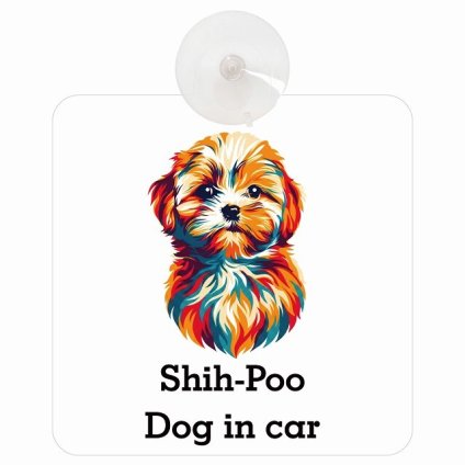 名入れ可 Dog in car Shih-Poo シープー Dタイプ 吸盤 収れん火災防止 セーフティサイン 安全対策 車内用 安全運転 煽り運転対策 安全対策 カラフル ポップアート風 アニメ風 かわいい イラスト カーサイン